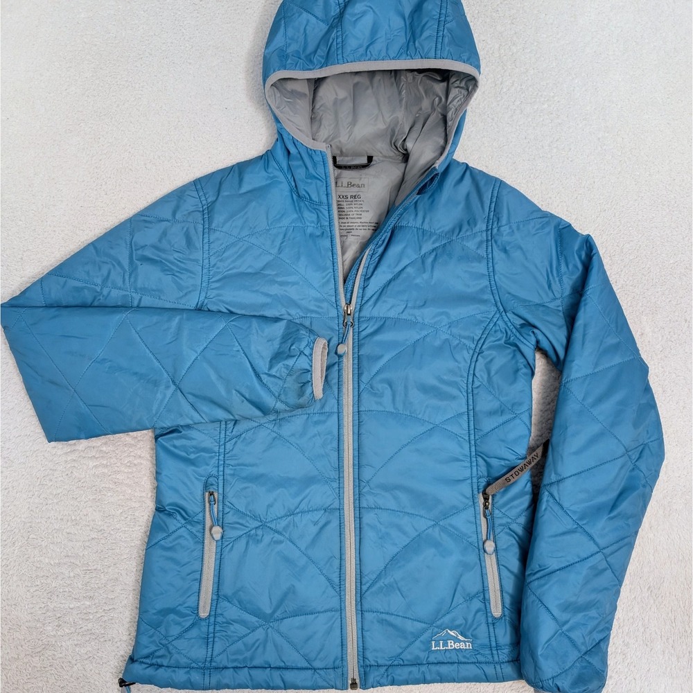 LL Bean Primaloft Packable Puffer Jacket Full Zip Nylon Teal Women's XXS Hooded